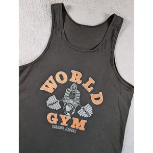 World Gym Waikiki Hawaii Tank Top Mens Large Black Gorilla Bodybuilding Vintage